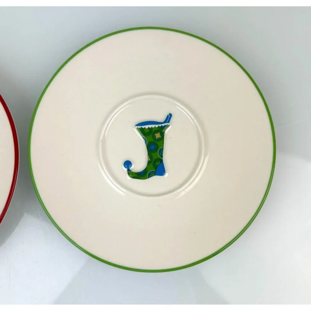 Starbucks 2006 Set of 2 Christmas Saucer Plates, Red Tree, Green Blue Stocking